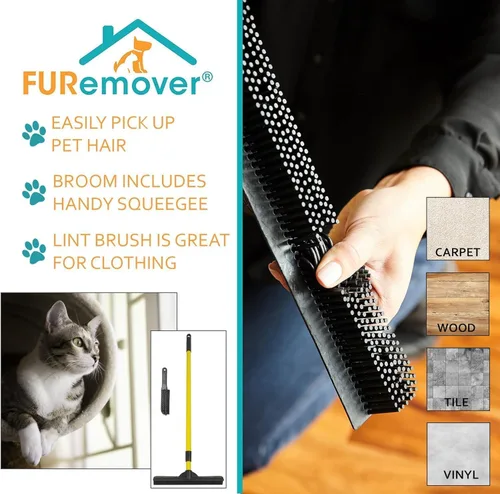 Miniatura 2 de Escoba original FURemover de goma para pelo de mascotas con rasqueta, con mango telescópico de 58" para alfombra, baldosas y madera dura y cepillo