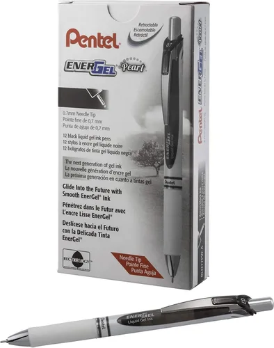 Pentel EnerGel Pearl RTX Bolígrafo de gel líquido retráctil, (0.028 in), línea media, punta de aguja, tinta negra, paquete de 12 (BLN77PW-A)