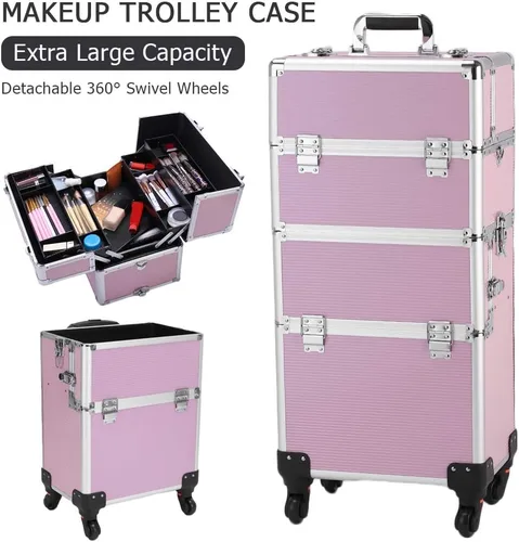 Miniatura 2 de Flandre Estuche de aluminio 3 en 1, organizador de cosméticos de belleza, caja de viaje de maquillaje, caja de tren con ruedas, bandejas plegables