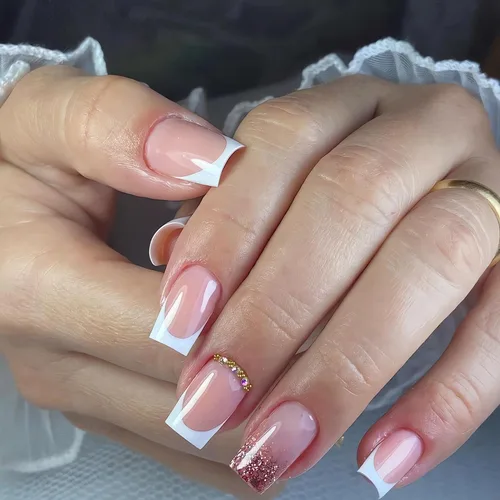 24 uñas postizas a presión de punta francesa, uñas postizas medianas con forma cuadrada, uñas adhesivas con purpurina y diamantes de imitación, uñas
