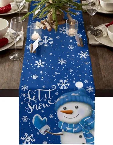 Miniatura 10 de Camino de mesa de muñeco de nieve de Navidad negro – Lino de algodón de 36 pulgadas de largo, bufandas de vestido de Navidad con copo de nieve