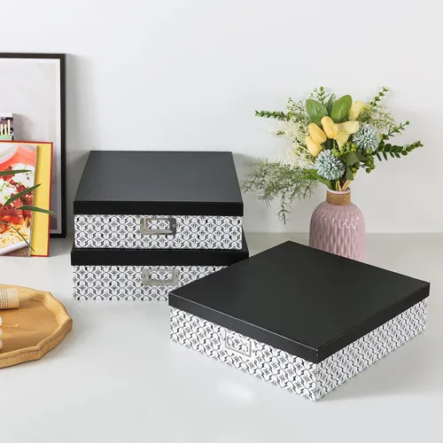 Miniatura 5 de Soul & Lane Cajas de almacenamiento decorativas en blanco y negro con tapas para organizar, juego de 3 cajas de almacenamiento jumbo para álbumes