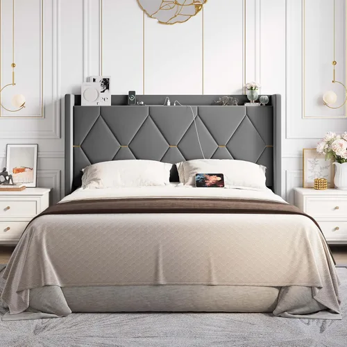 Miniatura 3 de Allewie Base de cama tapizada Velvet Queen con cabecera de almacenamiento con respaldo alado y estación de carga, cama de plataforma con diseño Gris