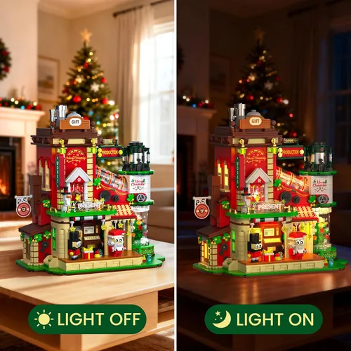 Miniatura 5 de Juego de construcción de fábrica de Navidad con luz, 2775 piezas de decoración de pueblo navideño para el hogar, kit de casa de vacaciones con árbol