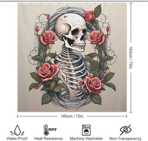 Miniatura 6 de YLATY3445 - Cortina de ducha de calavera para baño, divertido juego de cortina de ducha hippie con flores rojas y esqueleto, pintura al óleo, tela