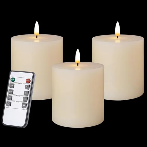 volnyus Juego de 3 velas sin llama (3 x 3 pulgadas) parpadeantes LED de cera real, funcionan con pilas con temporizadores de control remoto para