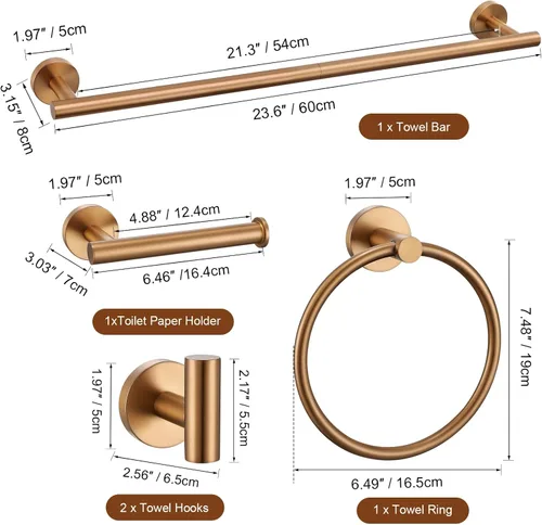 Miniatura 7 de TURS Juego de 5 piezas de accesorios de baño cepillado en oro rosa, juego de barra de toalla de baño de 23.6 pulgadas de acero inoxidable SUS304