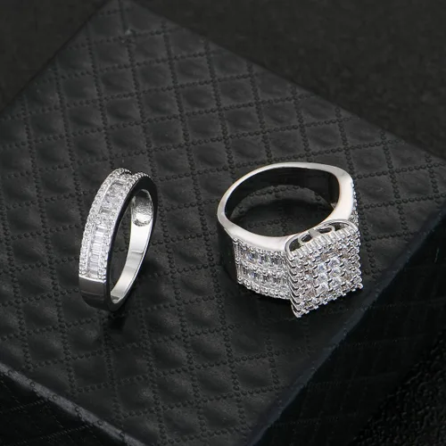 Miniatura 7 de Hiyong Juego de anillos de boda para mujer, oro blanco, circonita cúbica, anillos de compromiso de plata de moda para mujer