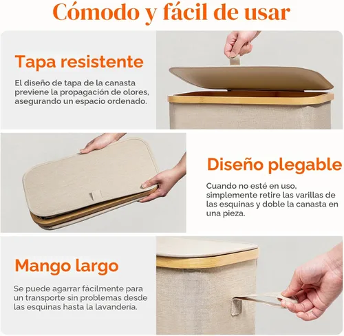 Miniatura 5 de Lifewit Cesta de lavandería delgada de 65 litros con tapa, cesta estrecha para la ropa sucia con bolsa extraíble y asas de bambú, canasta plegable