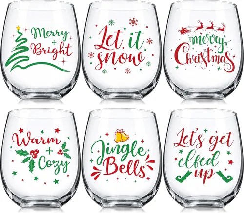 Miniatura 11 de Umigy Juego de 6 copas de vino sin tallo de invierno, 12 onzas, vasos de vino de invierno, divertidos vasos de copa para reuniones festivas