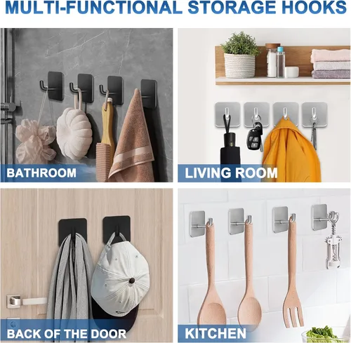 Miniatura 6 de Ganchos adhesivos para baños, 4 ganchos para toallas para colgar sombrero, bata, abrigo, ganchos para cocina, ganchos adhesivos fuertes sin daños