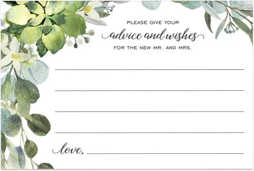 Tarjetas de consejos y deseos de vegetación exuberante para la novia y el novio, 50 tarjetas de notas de consejos matrimoniales, tarjetas de blanco