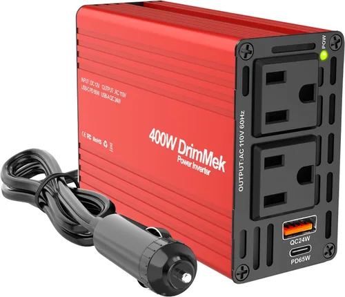 Miniatura 10 de 400 W Inversor de corriente para automóvil - Adaptador de enchufe de toma doble CC 12 V a 110 V CA, puerto USB C de carga rápida 65 W y 24 W