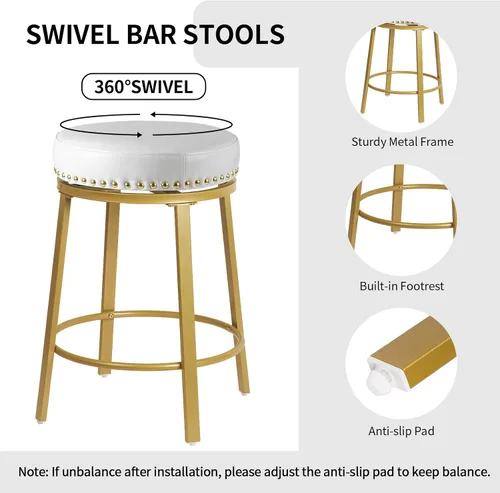 Miniatura 4 de White & Gold - Juego de 2 taburetes de bar giratorios de 24 pulgadas de altura de mostrador para encimera de cocina, isla sin espalda, modernos