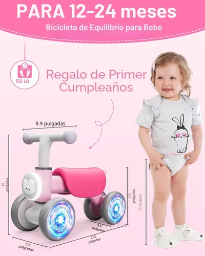 Miniatura 4 de Doselie Bicicleta de equilibrio para niños pequeños de 1 a 2 años, 4 ruedas, iluminación colorida con música, bicicleta de equilibrio para bebés