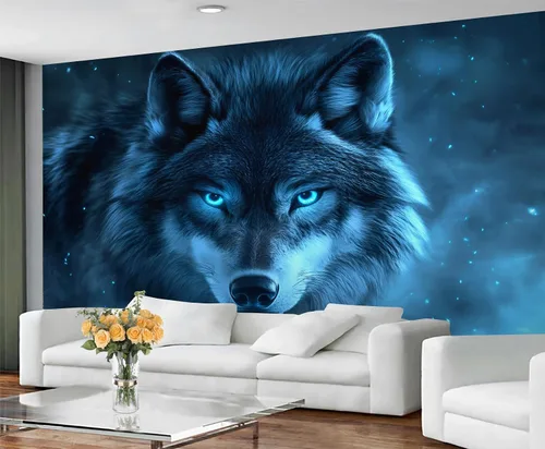 Miniatura 3 de Mural de lobo azul, papel tapiz de animales misteriosos, decoración del hogar de estética oscura, mural de pared de animales salvajes, murales