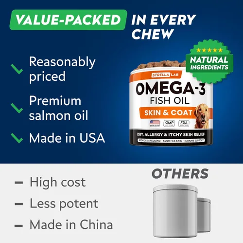 Miniatura 10 de STRELLALAB Omega 3 para perros - (180Ct) Golosinas de aceite de pescado - Suplemento para la piel y el pelaje para el alivio de alergias y picazón
