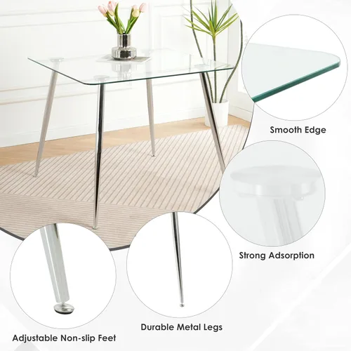 Miniatura 6 de Juego de mesa de comedor de cristal plateado para 2, juego de mesa cuadrada de lujo moderno de 36 pulgadas, juego de mesa de cocina minimalista de 3