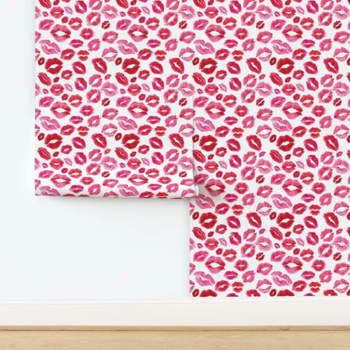 Miniatura 4 de Spoonflower Papel tapiz para despegar y pegar - Love Lips Red Valentine Beauty Lipstick Besos Acuarela Día de San Valentín Femenino Maquillaje Papel