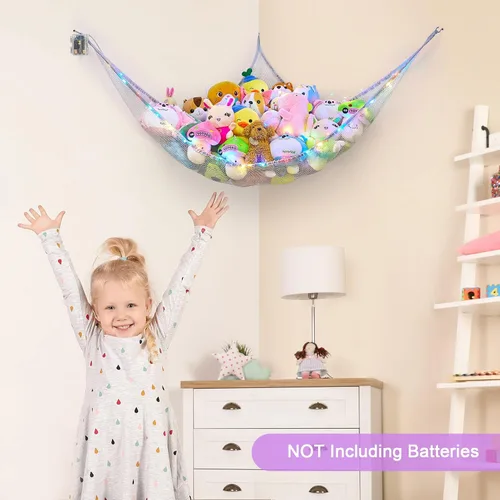 Miniatura 4 de Unicorn Castle Hamaca de red para animales de peluche, almacenamiento de juguetes para niños con luz LED, organizador de juguetes de felpa