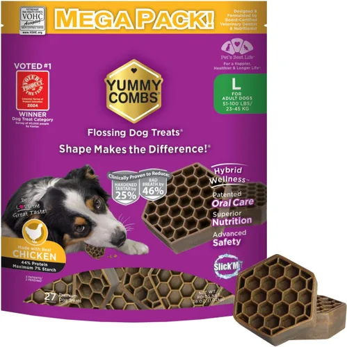Miniatura 24 de Yummy Combs Golosinas dentales para perros, aprobadas por veterinarios VOHC, deliciosa proteína de pollo, elimina el sarro con forma de peine