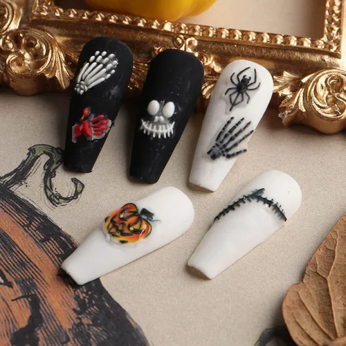 Miniatura 7 de Calcomanías de uñas de Halloween 5D, calcomanías acrílicas con ojos realistas, araña, hueso, en relieve, cráneo, fantasma, calabaza, araña