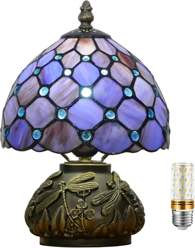 Miniatura 8 de Pequeña Lámpara Tiffany Mini Lámpara de Mesa de Vidrio Manchado Estilo Perla Púrpura Seta Lámpara de Acento 8X11 Pulgadas