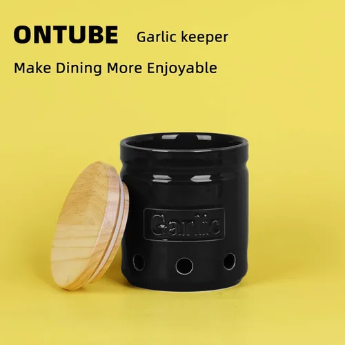 Miniatura 8 de ONTUBE Soporte de ajo con tapa de madera, contenedor de ajo cerámico de 4.5 pulgadas, contenedor de ajo para la cocina, guardador de ajo para Negro