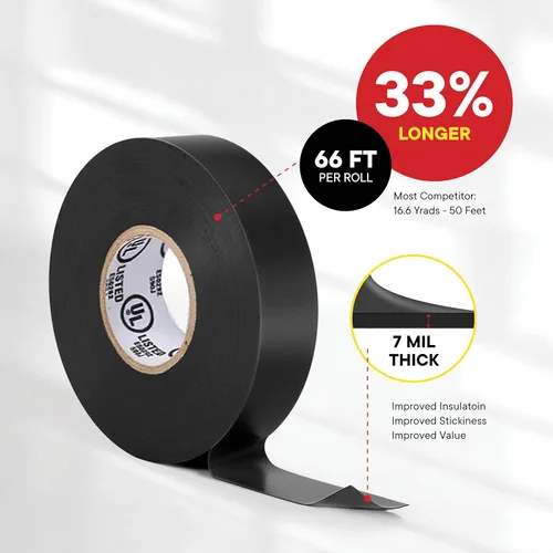 Miniatura 6 de TAPEWELL Cinta eléctrica de vinilo negra, grado profesional, 3/4 pulgadas x 66 pies, paquete de 10