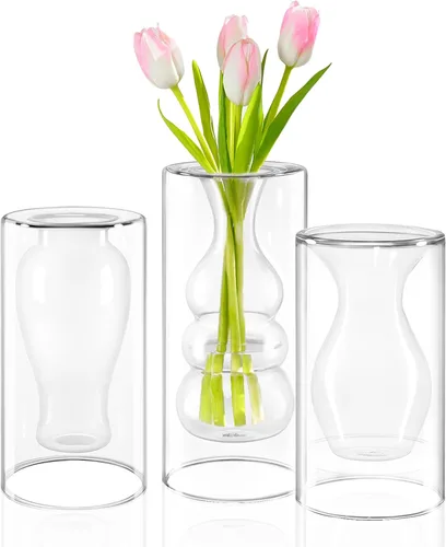 Miniatura 10 de ZENS Florero Pequeño de Flor Rosa Único, Florero de Vidrio Transparente Flotante Doble Hueco, Moderno Jarrón Decorativo Soplado a Mano Fresco