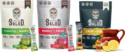 Salud Variety - Paquete de 3 | Hidratación 2 en 1 + inmunidad (lima de pepino), energía + enfoque (guayaba) y calma + sueño (miel de limón), 15