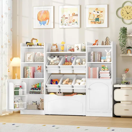 Miniatura 3 de FINETONES Organizador de almacenamiento de juguetes de 55 pulgadas con 6 contenedores de juguetes, estantería grande 5 en 1 para niños con cofres
