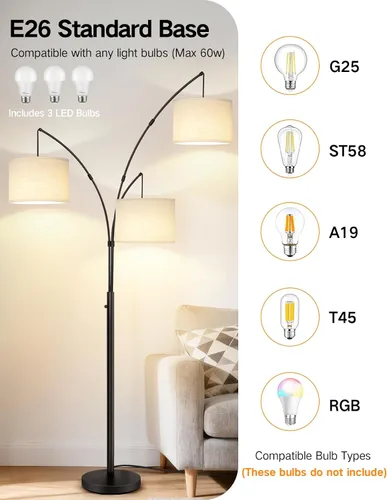 Miniatura 4 de OUTON Lámpara de pie LED de arco, lámpara de pie alta moderna negra de 3 luces para dormitorio, 2400lm lámparas de esquina de pie ajustables