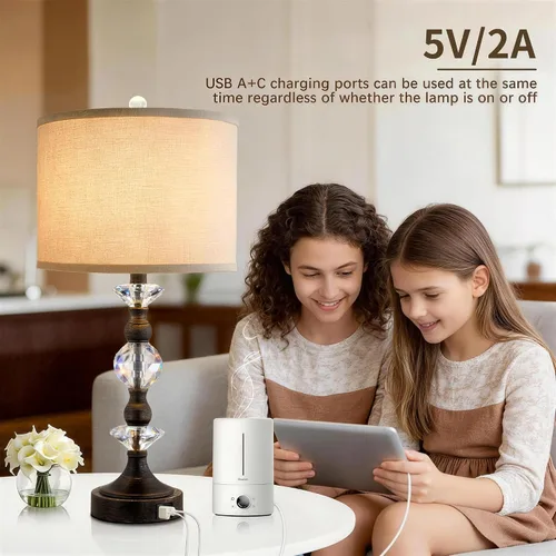 Miniatura 5 de Juego de 2 lámparas de mesa de cristal de 25.5" para dormitorio, lámparas de mesita de noche de bronce con puertos de carga USB A+C con pantalla