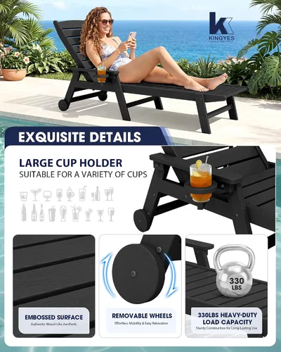 Miniatura 4 de KINGYES Sillón de polietileno de alta densidad para exteriores, tumbona reclinable para patio con portavasos para todo tipo de clima, tumbona