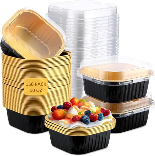 Miniatura 23 de Aoriher 150 piezas de moldes mini para pasteles de 10 onzas con tapas, tazas de horneado de papel de aluminio cuadradas desechables de 4" x 4