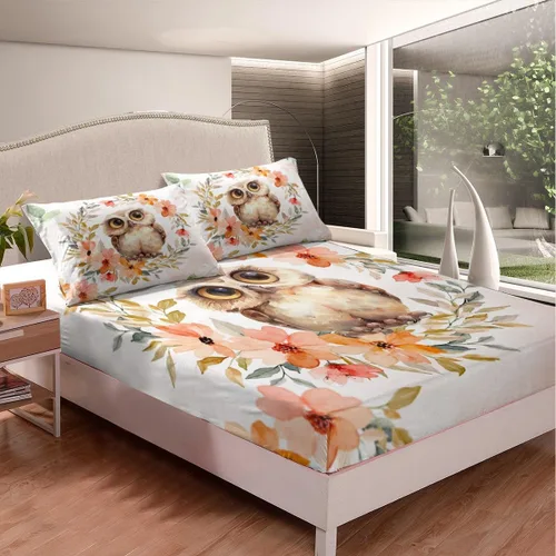 Miniatura 2 de Manfei Sábana bajera ajustable de búho de dibujos animados, tamaño individual, juego de ropa de cama de flores en acuarela de 2 piezas para Multi 09