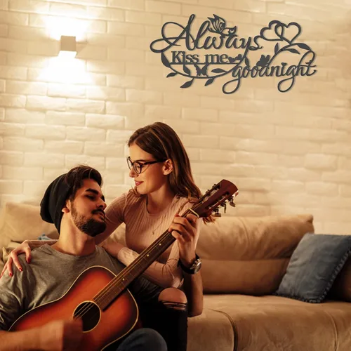Miniatura 8 de KHayRovies Letrero de metal para decoración del hogar, texto en inglés "Always Kiss Me Goodnight", diseño de mariposas y corazón, esculturas