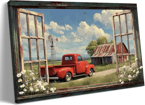 Miniatura 22 de Decoración rústica de granja en lienzo con ventana abierta, impresiones artísticas para pared, pintura de camión viejo, lienzo de granero y bandera