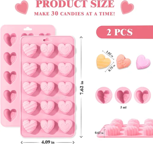 Miniatura 4 de Moldes de silicona en forma de corazón 2 piezas, molde de chocolate en forma de corazón 15 cavidades, moldes antiadherentes de grado alimenticio