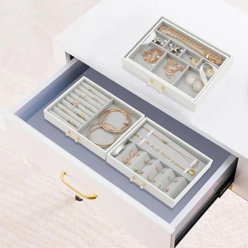 Miniatura 5 de V-LAFUYLIFE Jewelry Organizer,Leather Jewelry Boxes for Women Girls,Stackers Jewelry Box,Jewelry Case Removable Tray for Earrings Ring Bracelet