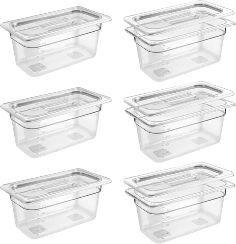 Paquete de 6 bandejas transparentes para alimentos de 1/3 de tamaño de 6 pulgadas de profundidad con tapas, bandejas comerciales para alimentos de