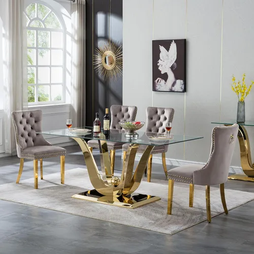 Miniatura 41 de Mesa de comedor moderna de vidrio de 70 pulgadas para 6-8, mesa de comedor de cristal dorado de lujo con base de acero inoxidable en forma de flores