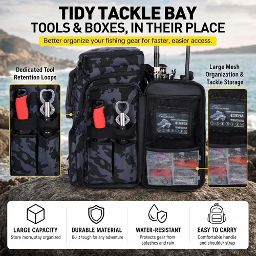 Miniatura 4 de PLUSINNO Mochila de aparejos de pesca con soportes para cañas, 42L resistente al agua bolsa de pesca tienda equipo de pesca, regalos de pescador