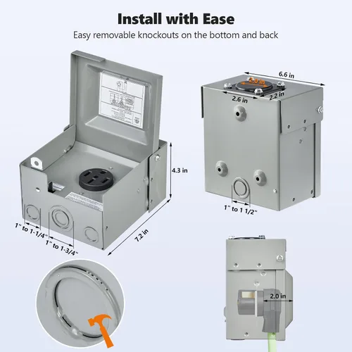 Miniatura 5 de SURAIELEC Caja de Salida para RV de 50 Amperios, Salida Eléctrica para RV Cerrada con Cerradura, NEMA 14-50R 125V/250V, Caja de Alimentación