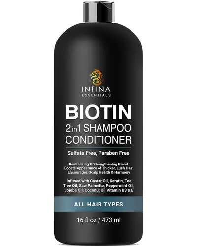 INFINA ESSENTIALS Champú y acondicionador 2 en 1 con biotina para hombres y mujeres – Champú para engrosar y fortalecer el cabello con palma