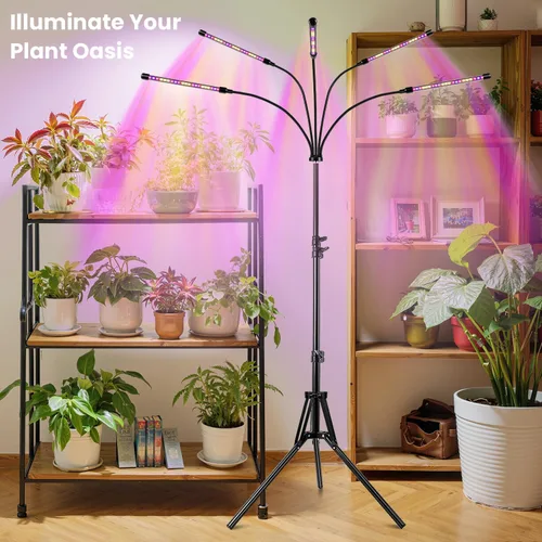 Miniatura 2 de Garpsen Luz de crecimiento con soporte, luces de cultivo de 5 cabezas para plantas de interior, luz de planta LED de 100 diodos de espectro completo