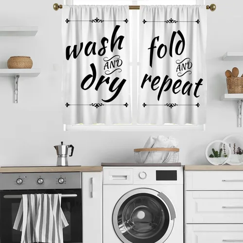Miniatura 10 de zokyer Cortinas de cocina en blanco y negro con frases de lavado con palabras impresas en seco, divertidas, simples, pequeñas, cortas, 27.5 pulgadas