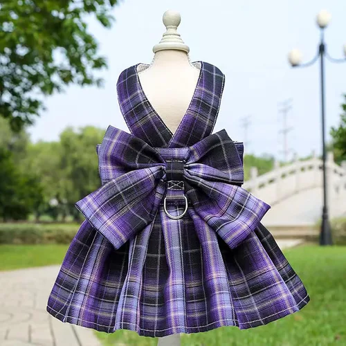 Miniatura 8 de PETCARE Vestido de perro a cuadros con pajarita y arnés para perros pequeños, gatos, niñas, lindos vestidos de princesa para perro, primavera