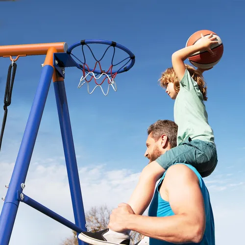 Miniatura 7 de Juego de columpios para niños 5 en 1 para patio trasero con trampolín, soporte de marco en A resistente de 880 libras, soporte de metal